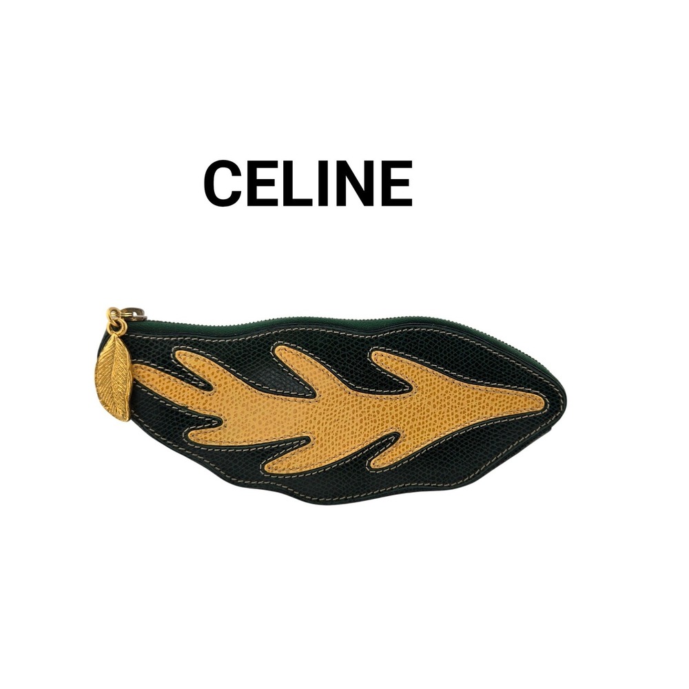 RARE Vintage Celine Leaf Pouch Green Yellow Textured Leather Gold Leaf Zipper